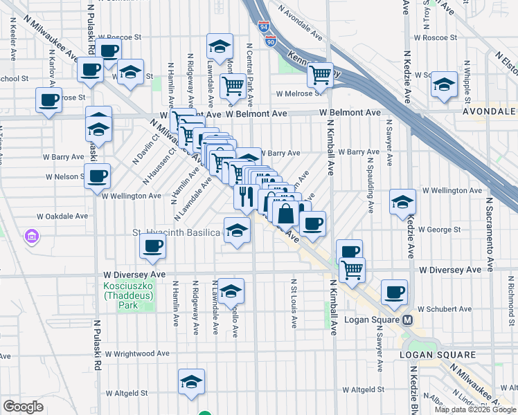 map of restaurants, bars, coffee shops, grocery stores, and more near 3006 North Elbridge Avenue in Chicago