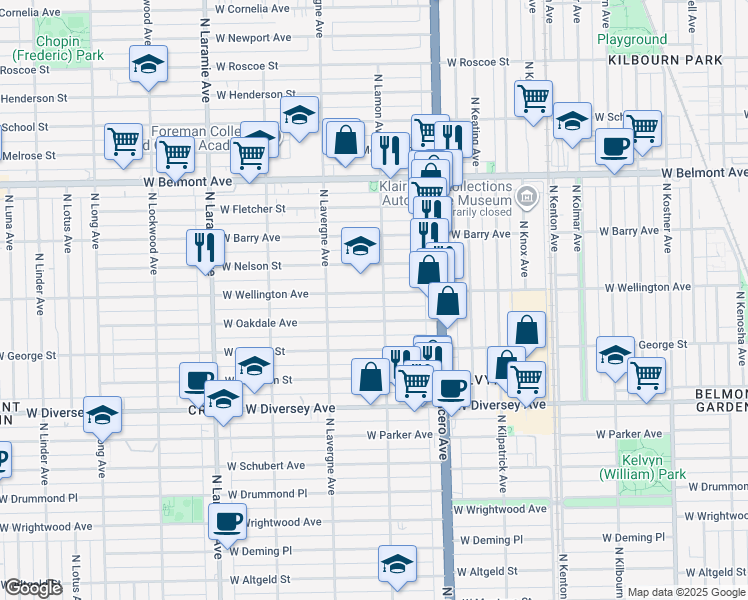 map of restaurants, bars, coffee shops, grocery stores, and more near 3020 North Lamon Avenue in Chicago