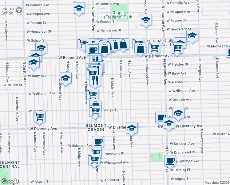 map of restaurants, bars, coffee shops, grocery stores, and more near 3017 North Linder Avenue in Chicago