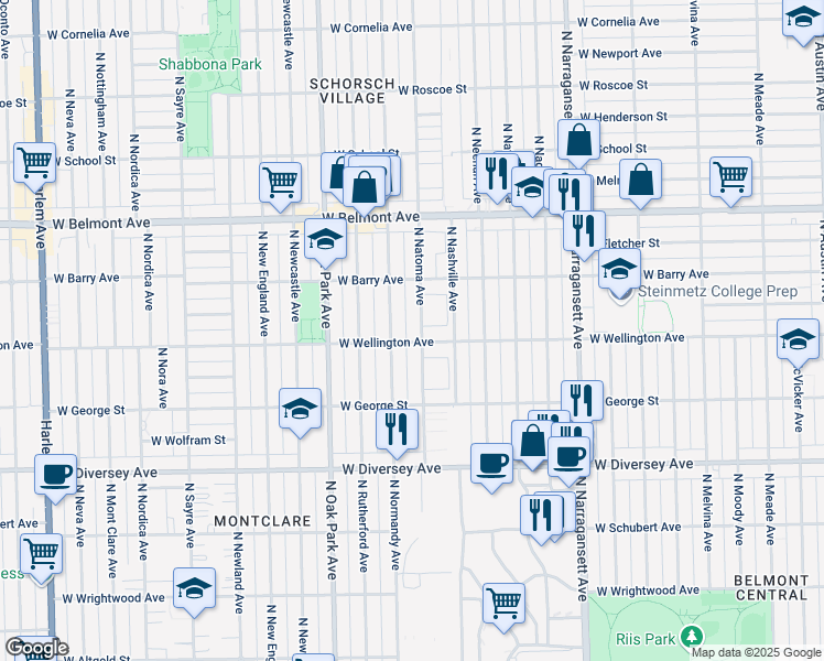 map of restaurants, bars, coffee shops, grocery stores, and more near 3028 North Natoma Avenue in Chicago