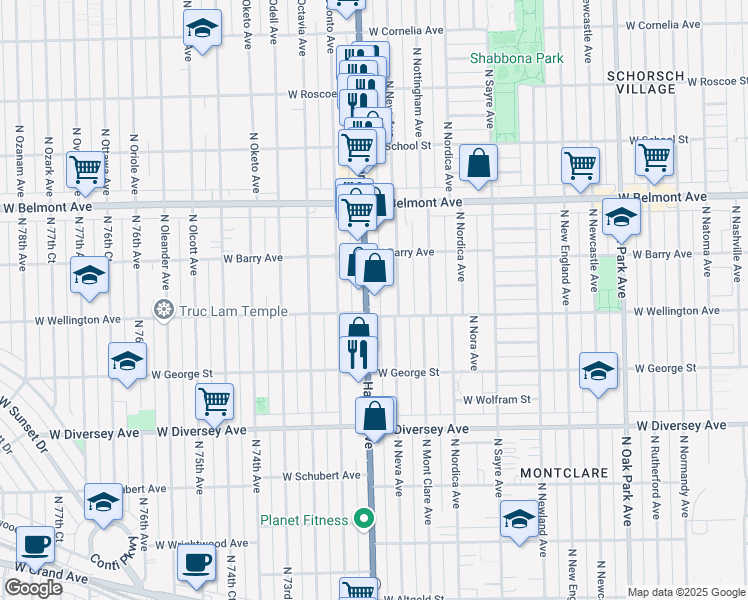 map of restaurants, bars, coffee shops, grocery stores, and more near 3032 North Harlem Avenue in Chicago