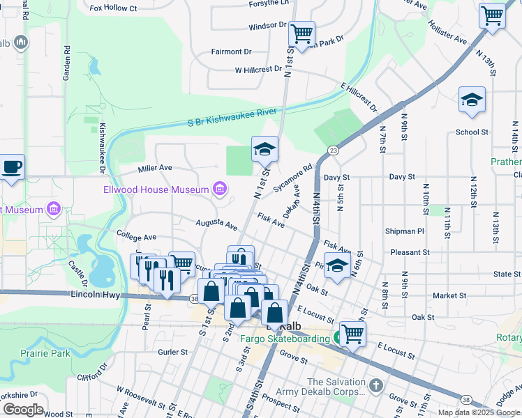 map of restaurants, bars, coffee shops, grocery stores, and more near 509 North 1st Street in DeKalb