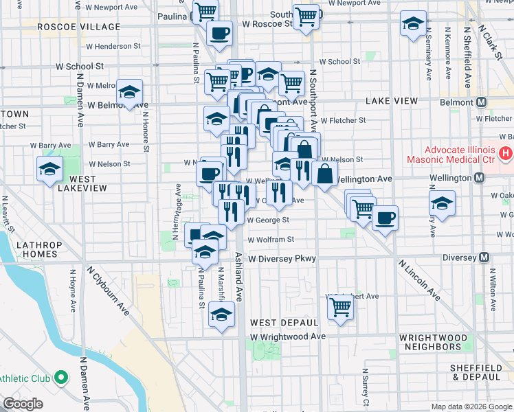 map of restaurants, bars, coffee shops, grocery stores, and more near 1534 West Oakdale Avenue in Chicago