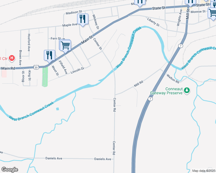 map of restaurants, bars, coffee shops, grocery stores, and more near 431 Center Road in Conneaut