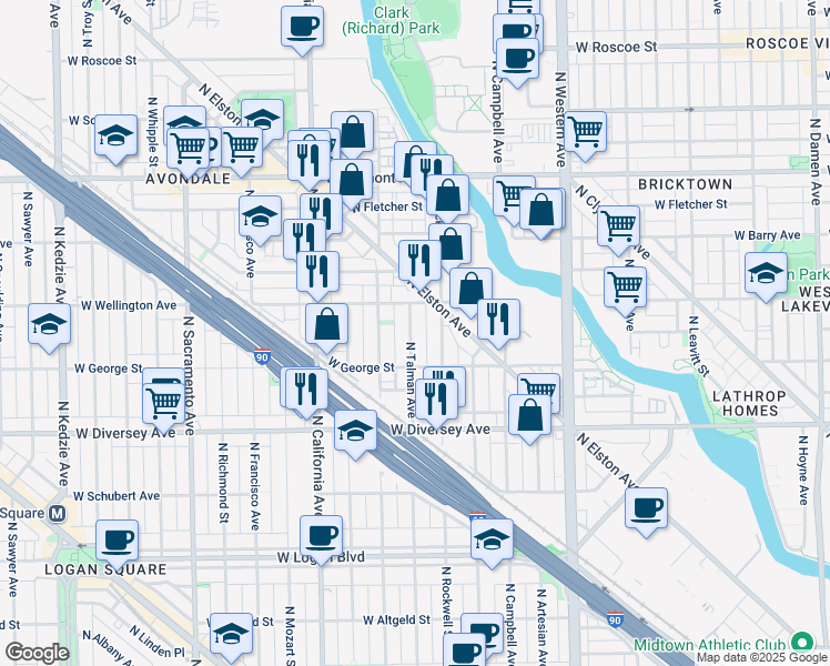 map of restaurants, bars, coffee shops, grocery stores, and more near 2931 North Talman Avenue in Chicago