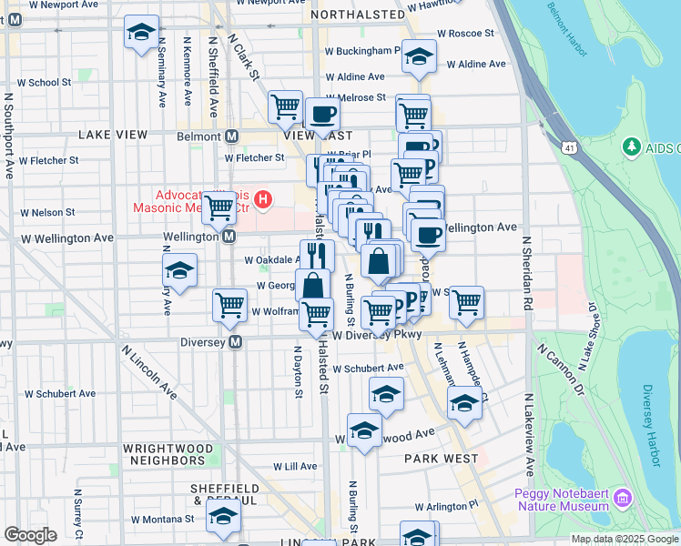 map of restaurants, bars, coffee shops, grocery stores, and more near 2912 North Burling Street in Chicago