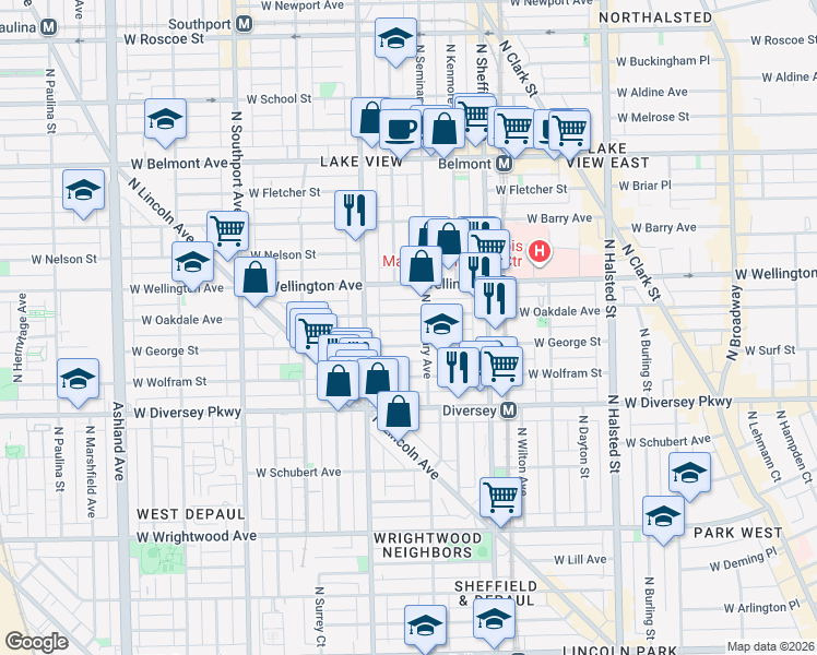 map of restaurants, bars, coffee shops, grocery stores, and more near 1110 West Oakdale Avenue in Chicago