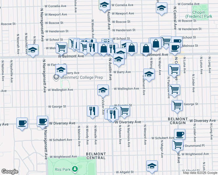 map of restaurants, bars, coffee shops, grocery stores, and more near 6019 West Nelson Street in Chicago