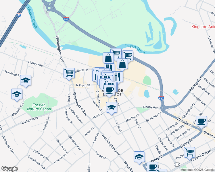 map of restaurants, bars, coffee shops, grocery stores, and more near 1 North Front Street in Kingston