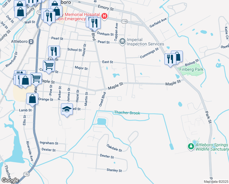 map of restaurants, bars, coffee shops, grocery stores, and more near 109 Maple Street in Attleboro