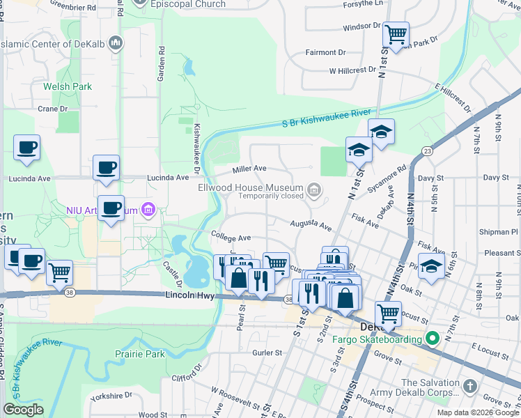 map of restaurants, bars, coffee shops, grocery stores, and more near 258 Rolfe Road in DeKalb