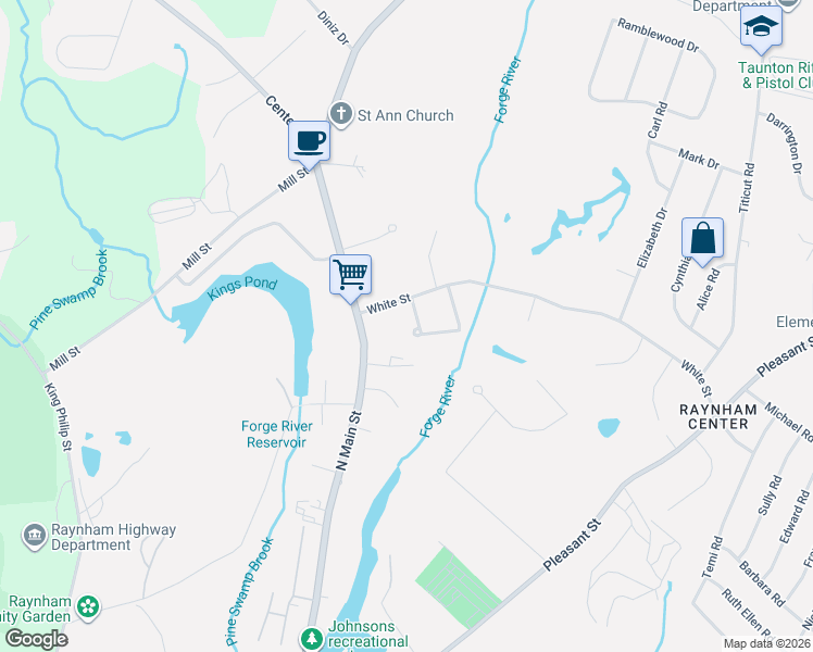 map of restaurants, bars, coffee shops, grocery stores, and more near 67 White Street in Raynham