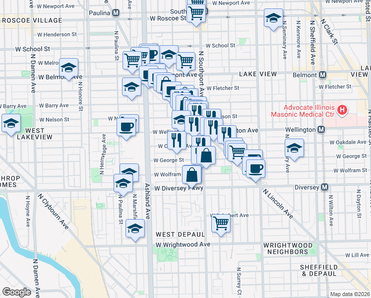 map of restaurants, bars, coffee shops, grocery stores, and more near 2936 North Southport Avenue in Chicago