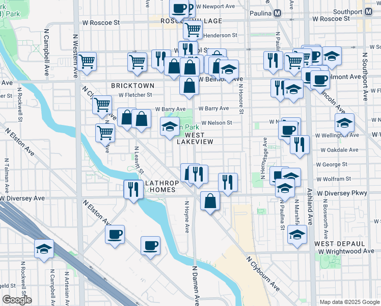 map of restaurants, bars, coffee shops, grocery stores, and more near 2945 North Damen Avenue in Chicago