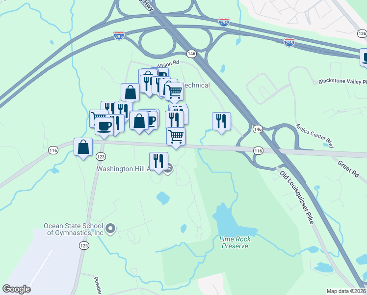 map of restaurants, bars, coffee shops, grocery stores, and more near 628 George Washington Highway in Lincoln