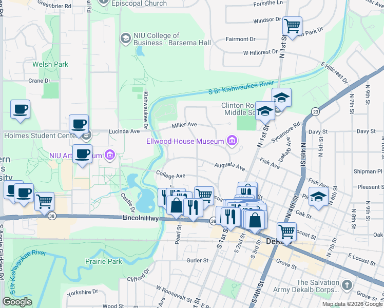 map of restaurants, bars, coffee shops, grocery stores, and more near 258 Rolfe Road in DeKalb