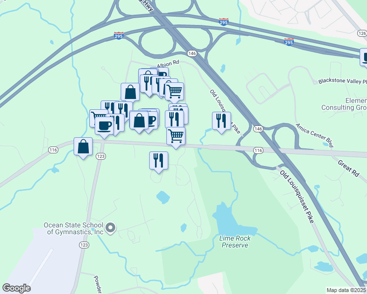 map of restaurants, bars, coffee shops, grocery stores, and more near 628 George Washington Highway in Lincoln