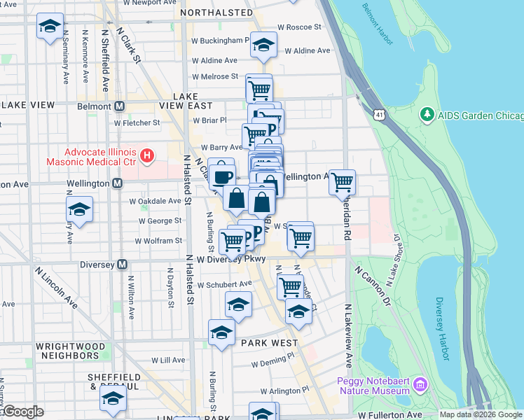 map of restaurants, bars, coffee shops, grocery stores, and more near 604 West Surf Street in Chicago