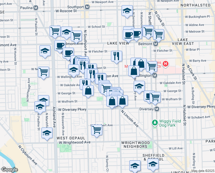 map of restaurants, bars, coffee shops, grocery stores, and more near 1228 West Oakdale Avenue in Chicago