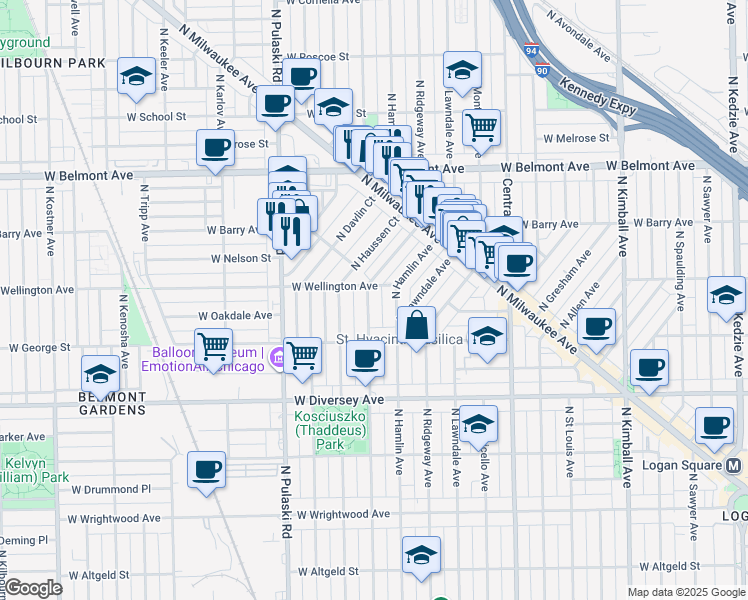 map of restaurants, bars, coffee shops, grocery stores, and more near 2947 North Avers Avenue in Chicago