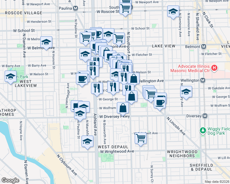 map of restaurants, bars, coffee shops, grocery stores, and more near 1451 West Oakdale Avenue in Chicago