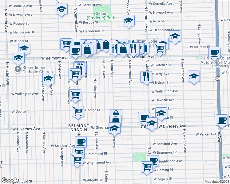 map of restaurants, bars, coffee shops, grocery stores, and more near 5337 West Nelson Street in Chicago