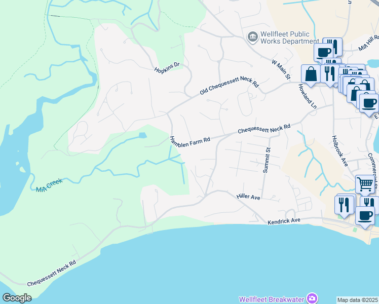 map of restaurants, bars, coffee shops, grocery stores, and more near 91 Hamblen Farm Road in Wellfleet