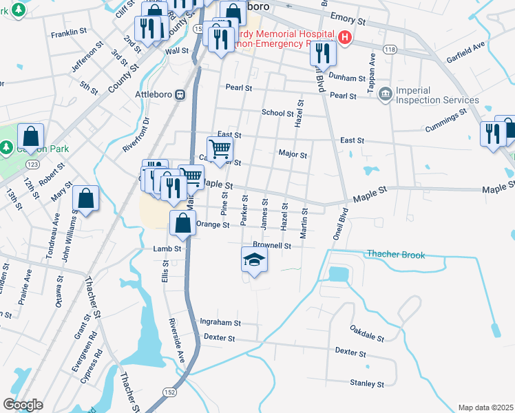 map of restaurants, bars, coffee shops, grocery stores, and more near 90 James Street in Attleboro