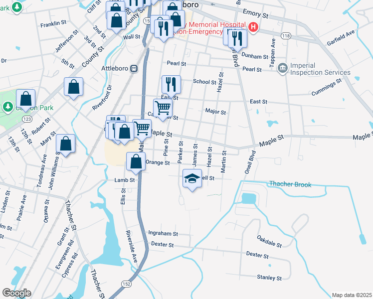 map of restaurants, bars, coffee shops, grocery stores, and more near 87 Parker Street in Attleboro