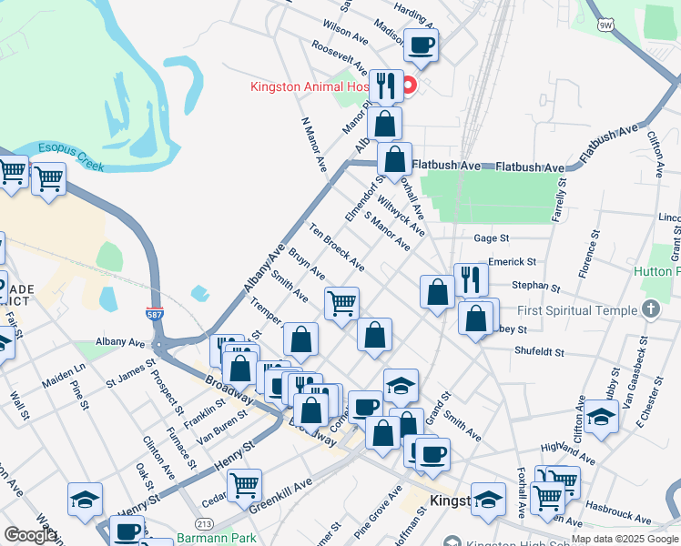 map of restaurants, bars, coffee shops, grocery stores, and more near 175 Ten Broeck Avenue in Kingston
