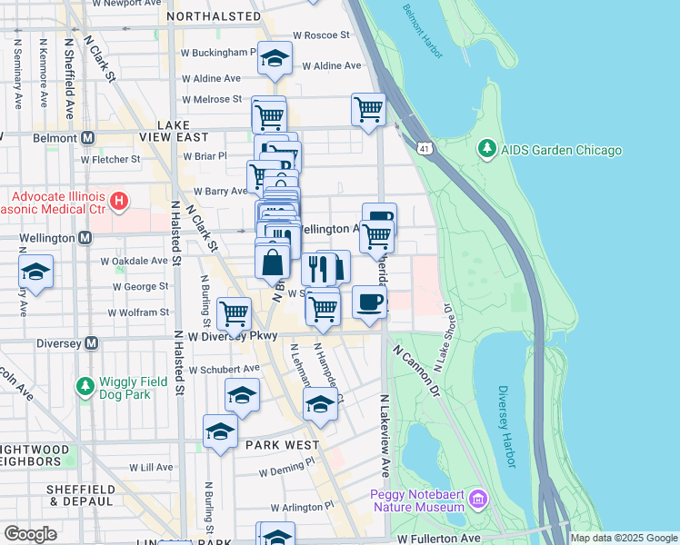 map of restaurants, bars, coffee shops, grocery stores, and more near 501 West Oakdale Avenue in Chicago