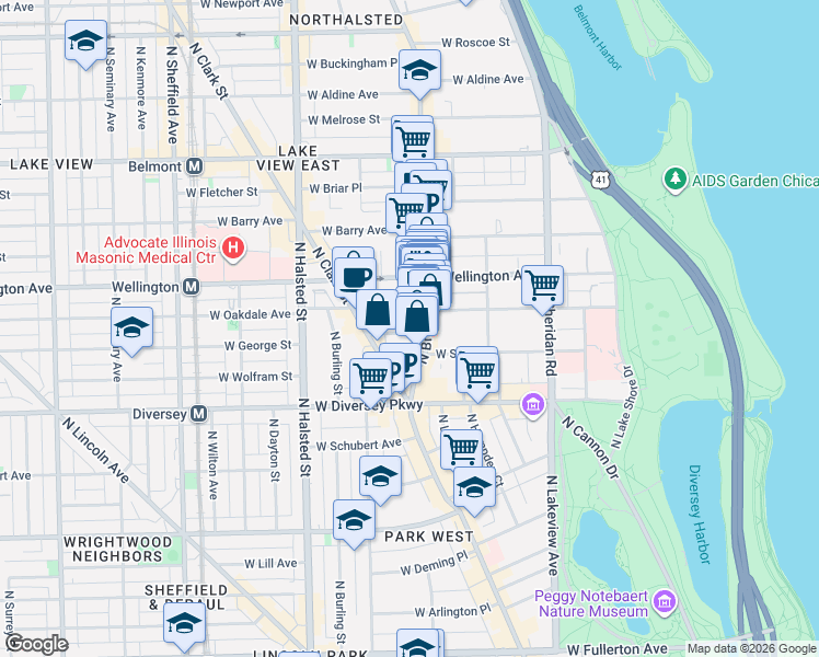 map of restaurants, bars, coffee shops, grocery stores, and more near 600 West Surf Street in Chicago