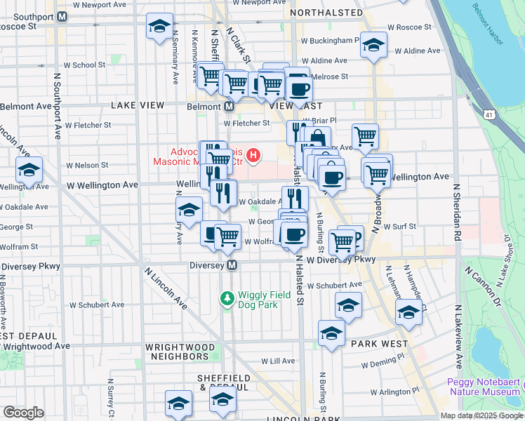 map of restaurants, bars, coffee shops, grocery stores, and more near 850 West Oakdale Avenue in Chicago