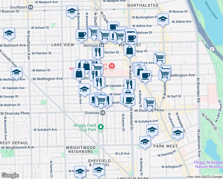 map of restaurants, bars, coffee shops, grocery stores, and more near 920 West Oakdale Avenue in Chicago