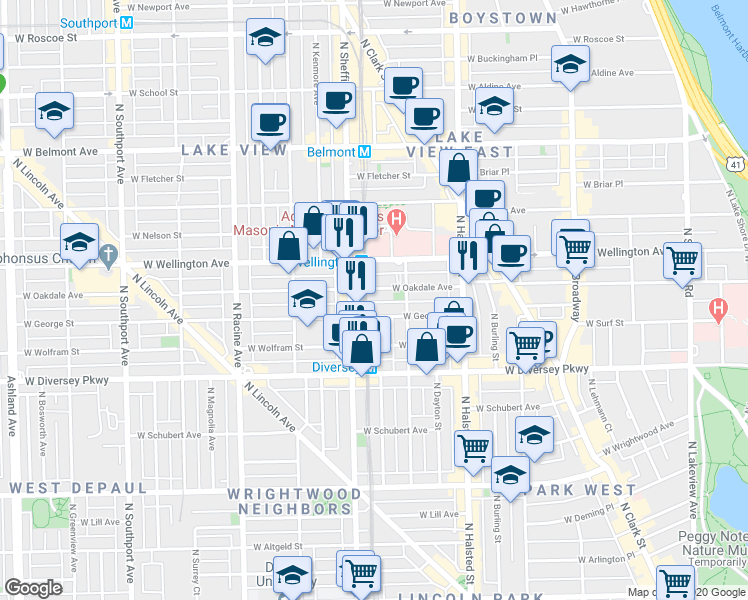 map of restaurants, bars, coffee shops, grocery stores, and more near 920 West Oakdale Avenue in Chicago