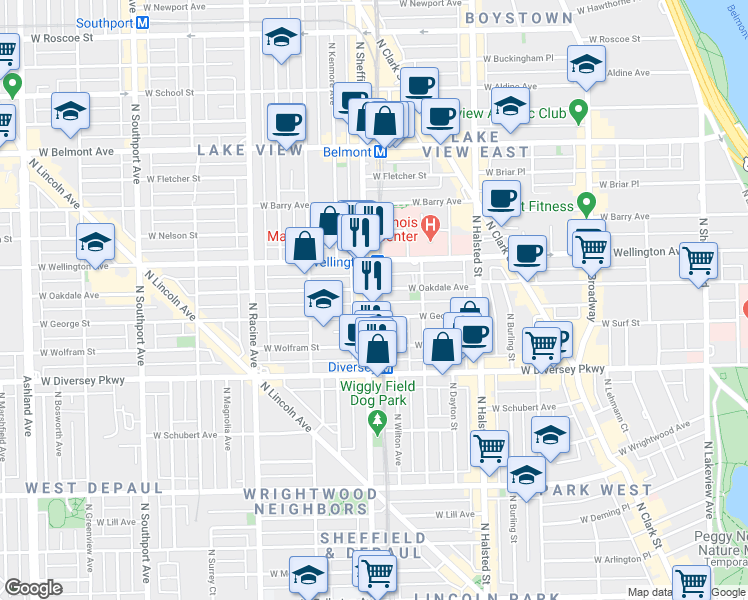 map of restaurants, bars, coffee shops, grocery stores, and more near 2937 North Sheffield Avenue in Chicago
