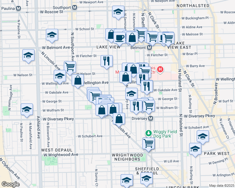 map of restaurants, bars, coffee shops, grocery stores, and more near 1110 West Oakdale Avenue in Chicago