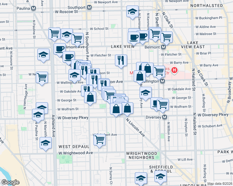 map of restaurants, bars, coffee shops, grocery stores, and more near 1228 West Oakdale Avenue in Chicago