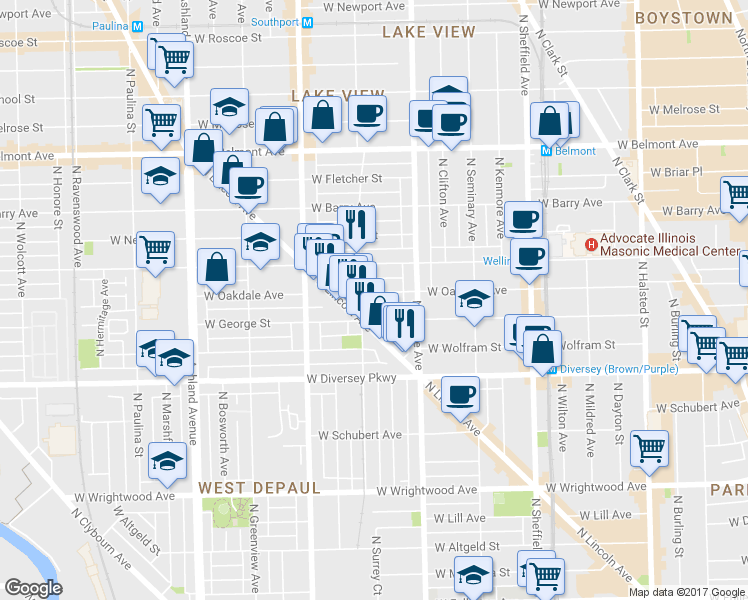 map of restaurants, bars, coffee shops, grocery stores, and more near 1228 West Oakdale Avenue in Chicago