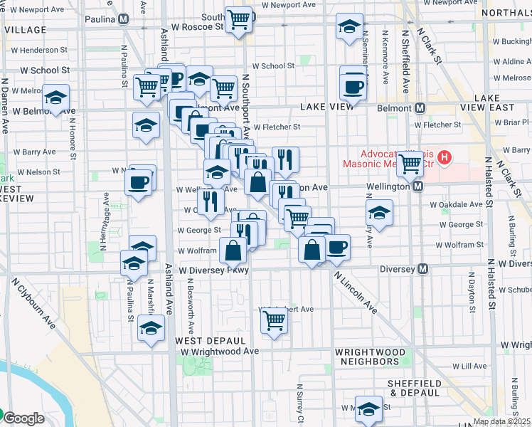 map of restaurants, bars, coffee shops, grocery stores, and more near 2954 North Lincoln Avenue in Chicago