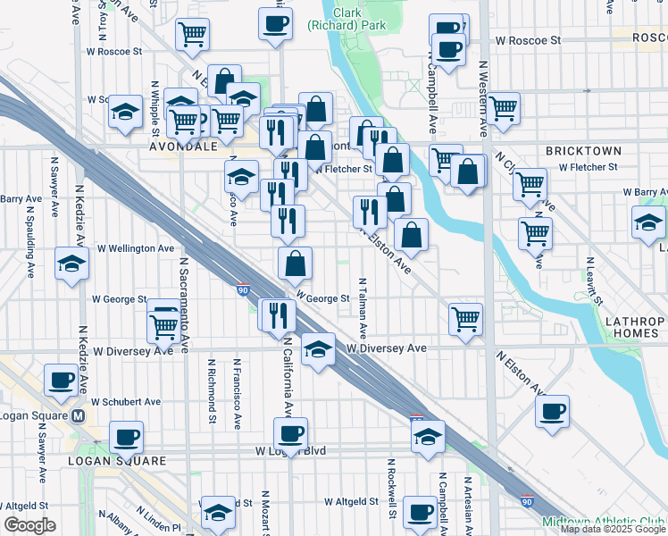 map of restaurants, bars, coffee shops, grocery stores, and more near 2951 North Fairfield Avenue in Chicago