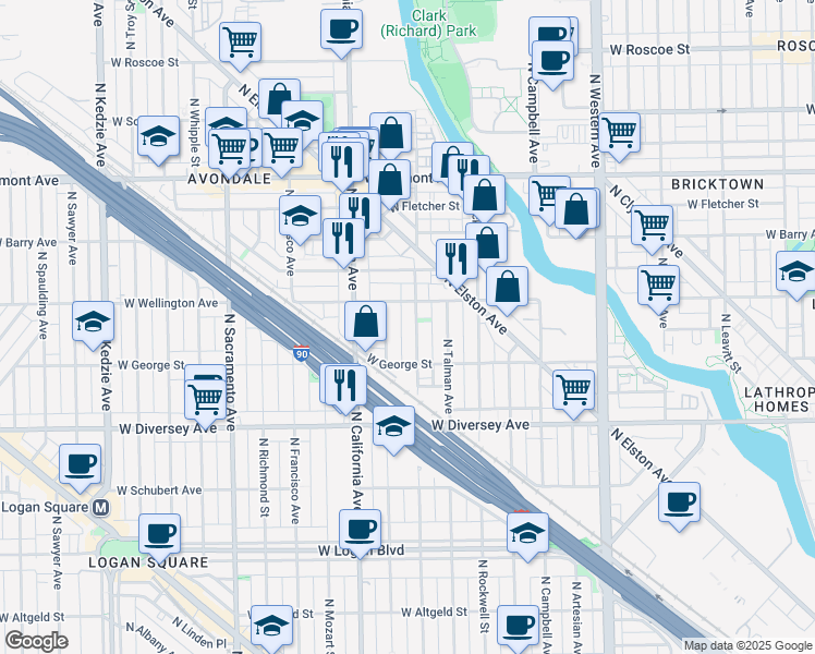 map of restaurants, bars, coffee shops, grocery stores, and more near 2951 North Fairfield Avenue in Chicago