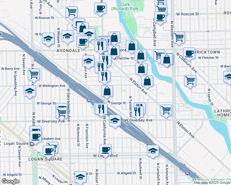 map of restaurants, bars, coffee shops, grocery stores, and more near 2951 North Fairfield Avenue in Chicago