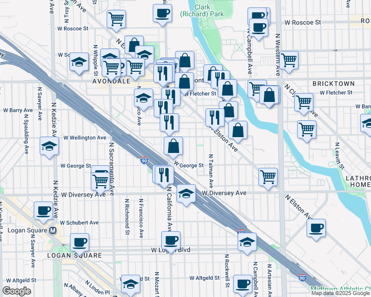 map of restaurants, bars, coffee shops, grocery stores, and more near 2951 North Fairfield Avenue in Chicago