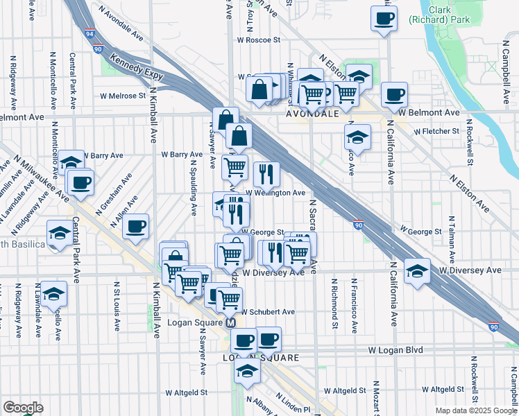 map of restaurants, bars, coffee shops, grocery stores, and more near 2954 North Troy Street in Chicago