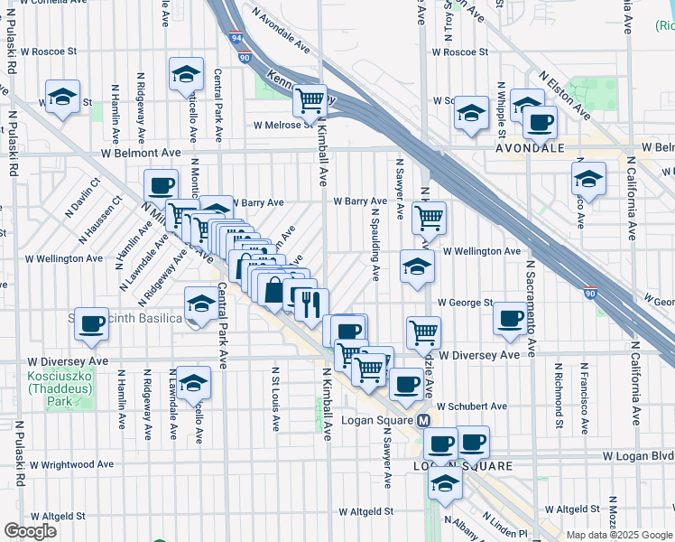 map of restaurants, bars, coffee shops, grocery stores, and more near 2942 North Kimball Avenue in Chicago