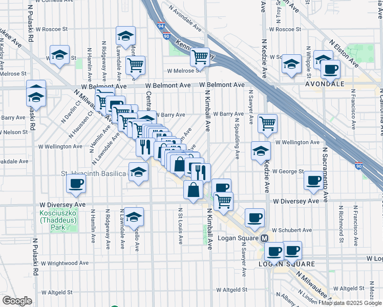 map of restaurants, bars, coffee shops, grocery stores, and more near 2964 North Allen Avenue in Chicago