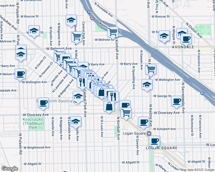 map of restaurants, bars, coffee shops, grocery stores, and more near 2964 North Allen Avenue in Chicago
