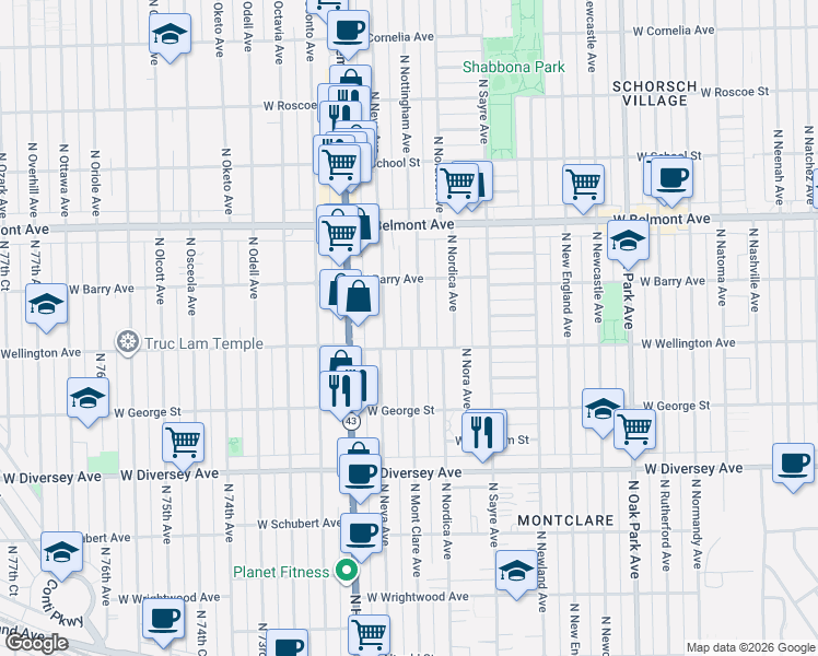 map of restaurants, bars, coffee shops, grocery stores, and more near 3034 North Nottingham Avenue in Chicago