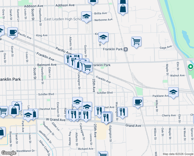 map of restaurants, bars, coffee shops, grocery stores, and more near in Franklin Park